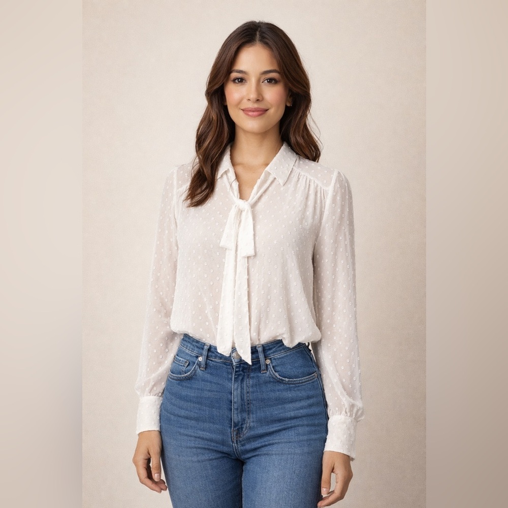 Blu Pepper S Swiss Dot Sheer Tie-Neck Blouse Ivory Long Sleeve Boho
